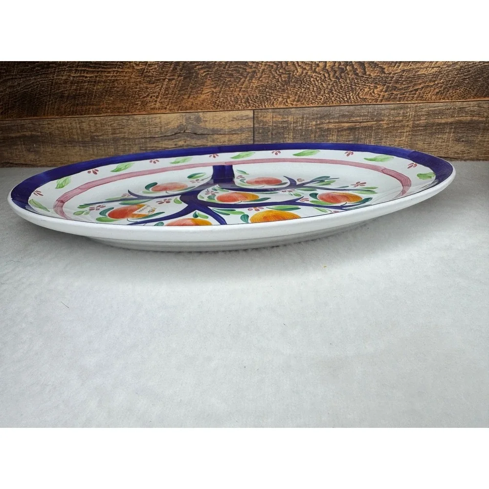 Herend Village Pottery Peach Tree Platter & Triangle Bowl Set Blue Pink‎